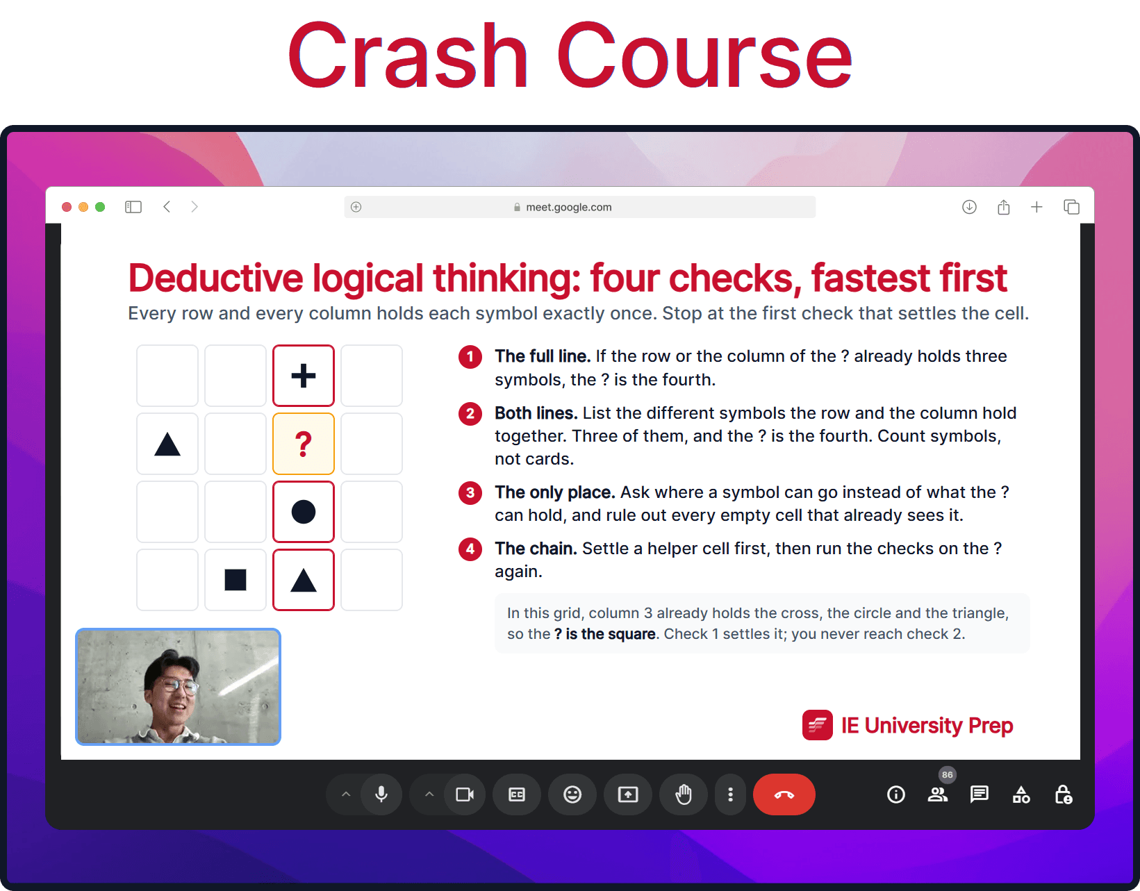 Crash course lesson slide: Deductive Logical Thinking, the four checks that settle the missing cell