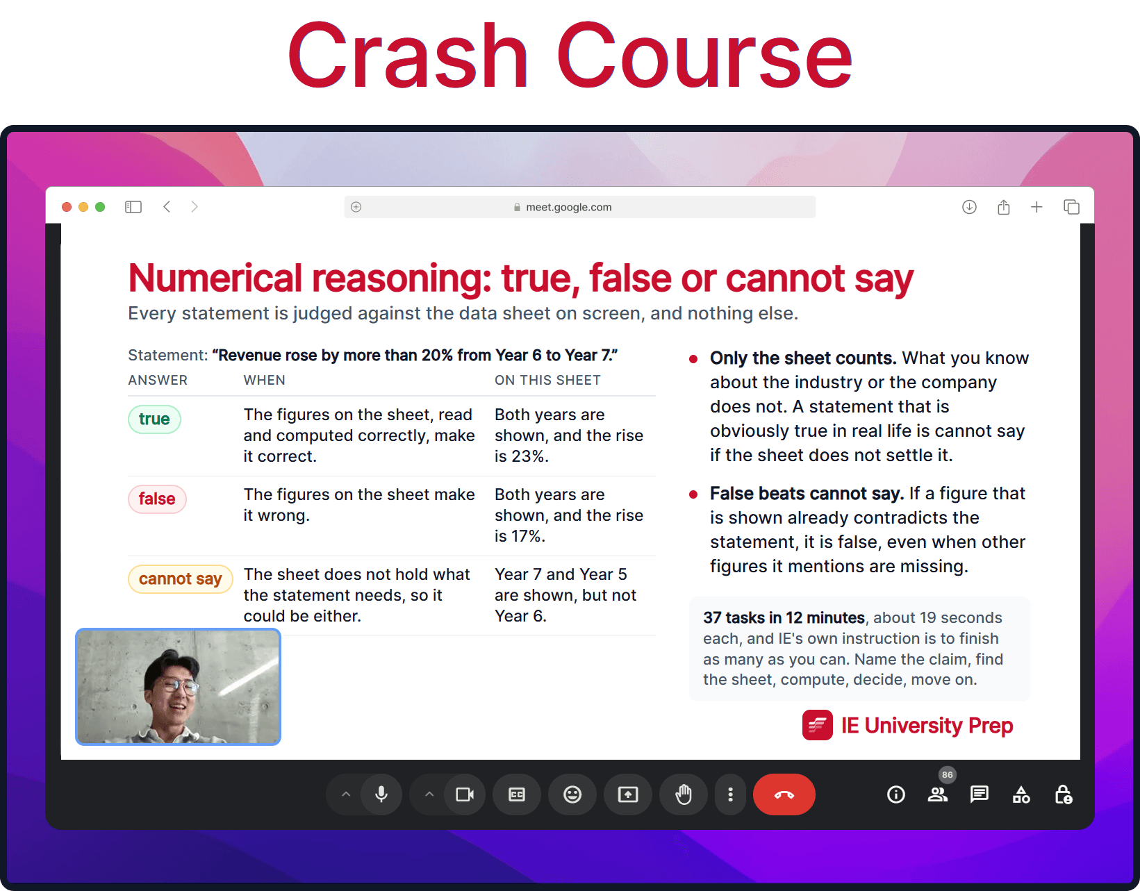 Crash course lesson slide: Numerical Reasoning, true, false or cannot say against the data sheet