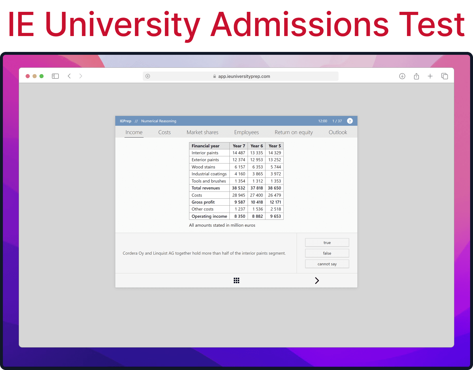 Timed simulation of the IE Admissions Test: Numerical Reasoning with the 12-minute clock and the task counter