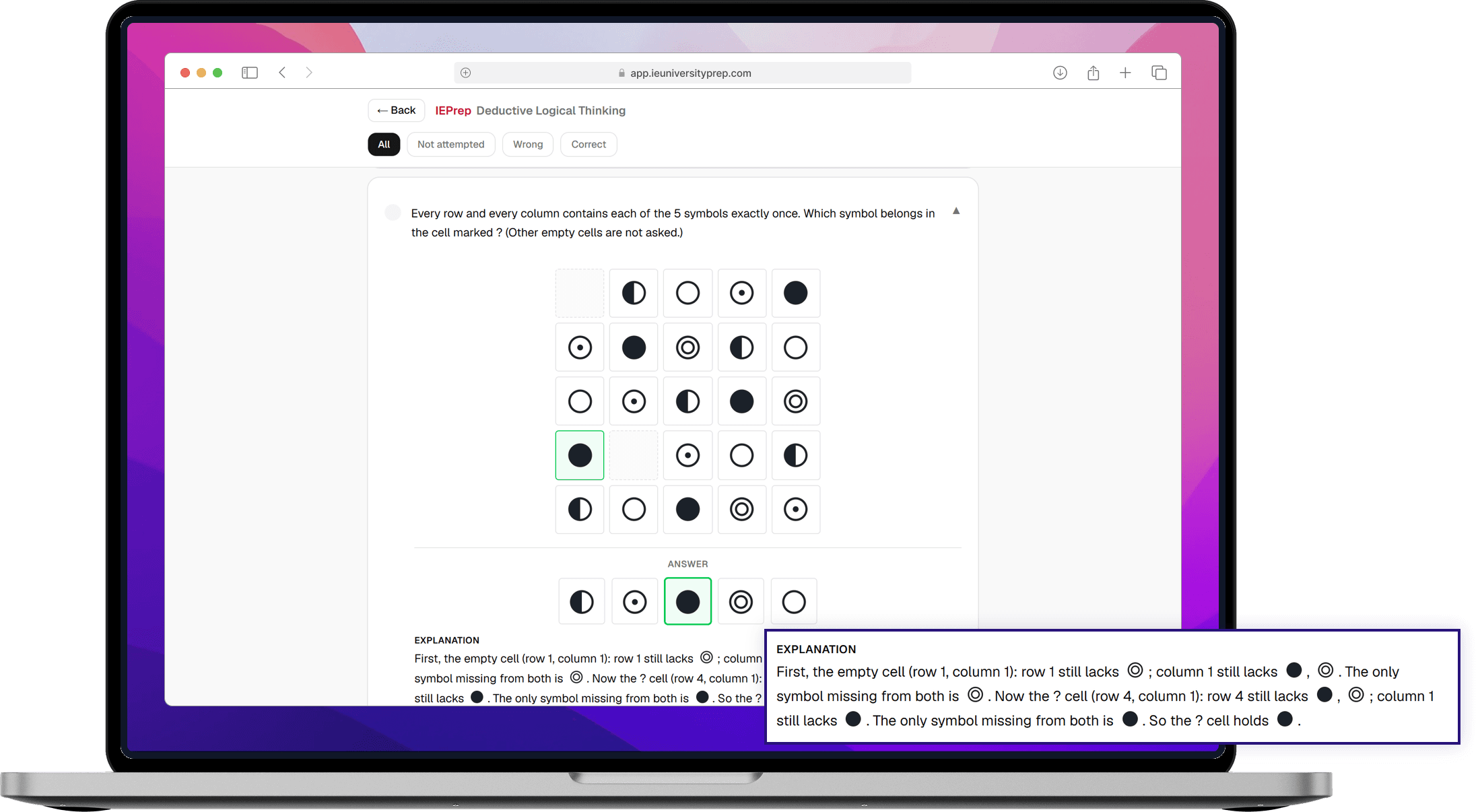 A five-by-five Deductive Logical Thinking grid answered correctly on a laptop, with the worked explanation panel