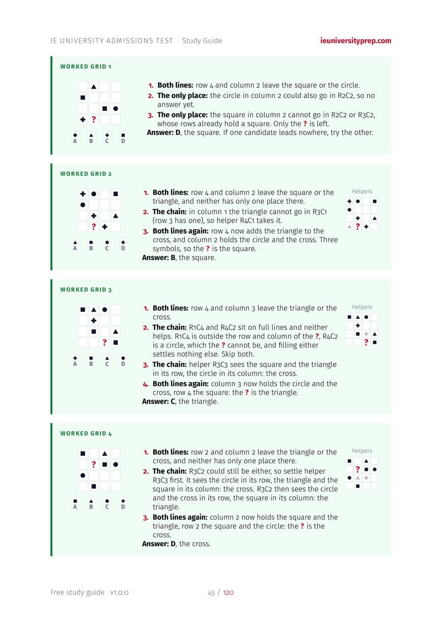 A page from Part IV, Deductive Logical Thinking: four worked symbol grids with the missing cell found step by step, and helper grids in the margin
