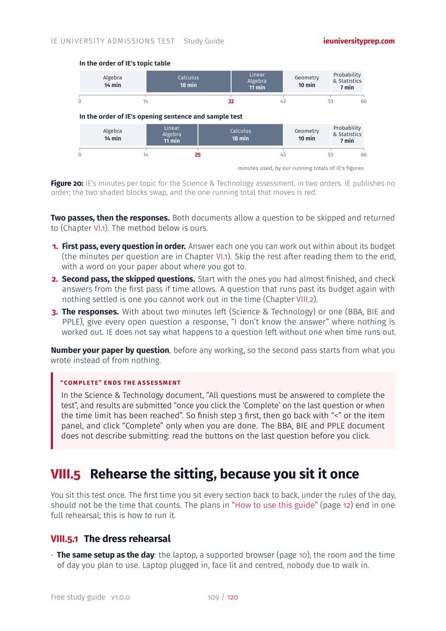 A page from Part VIII, Strategy: IE's minutes per topic for the Science and Technology assessment drawn in two orders, the two-pass method, and the start of the dress rehearsal