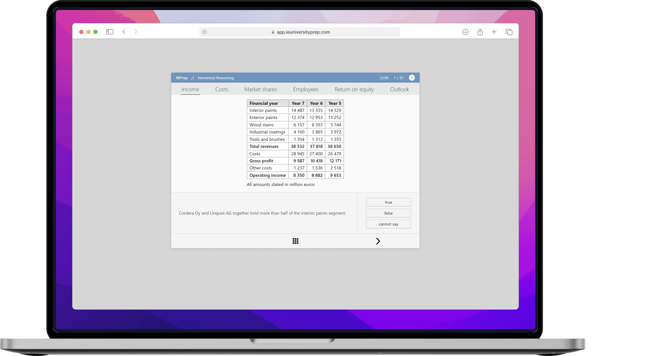 IE University Prep timed simulation on a laptop: Numerical Reasoning, 12 minutes, task 1 of 37, a six-tab data sheet with true, false and cannot say