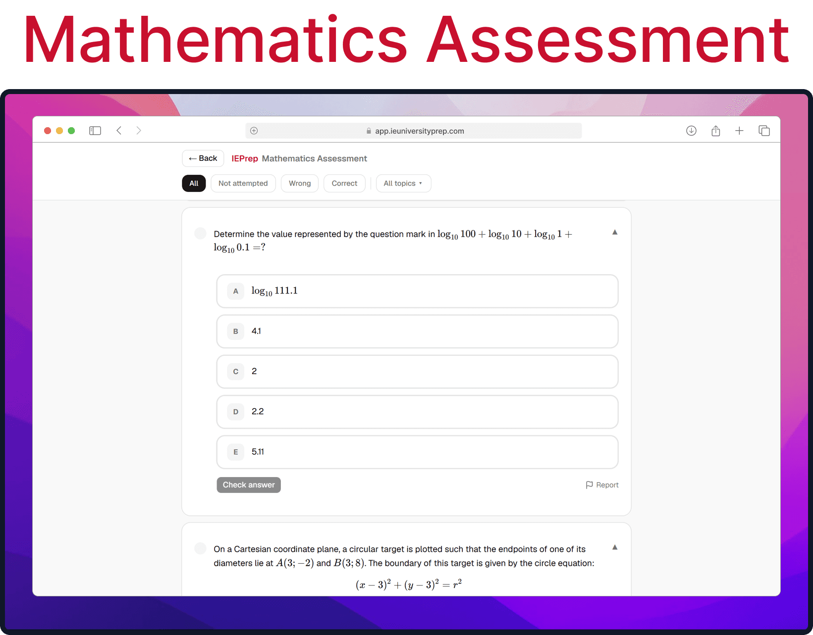Mathematics Assessment practice question on logarithms, with five options