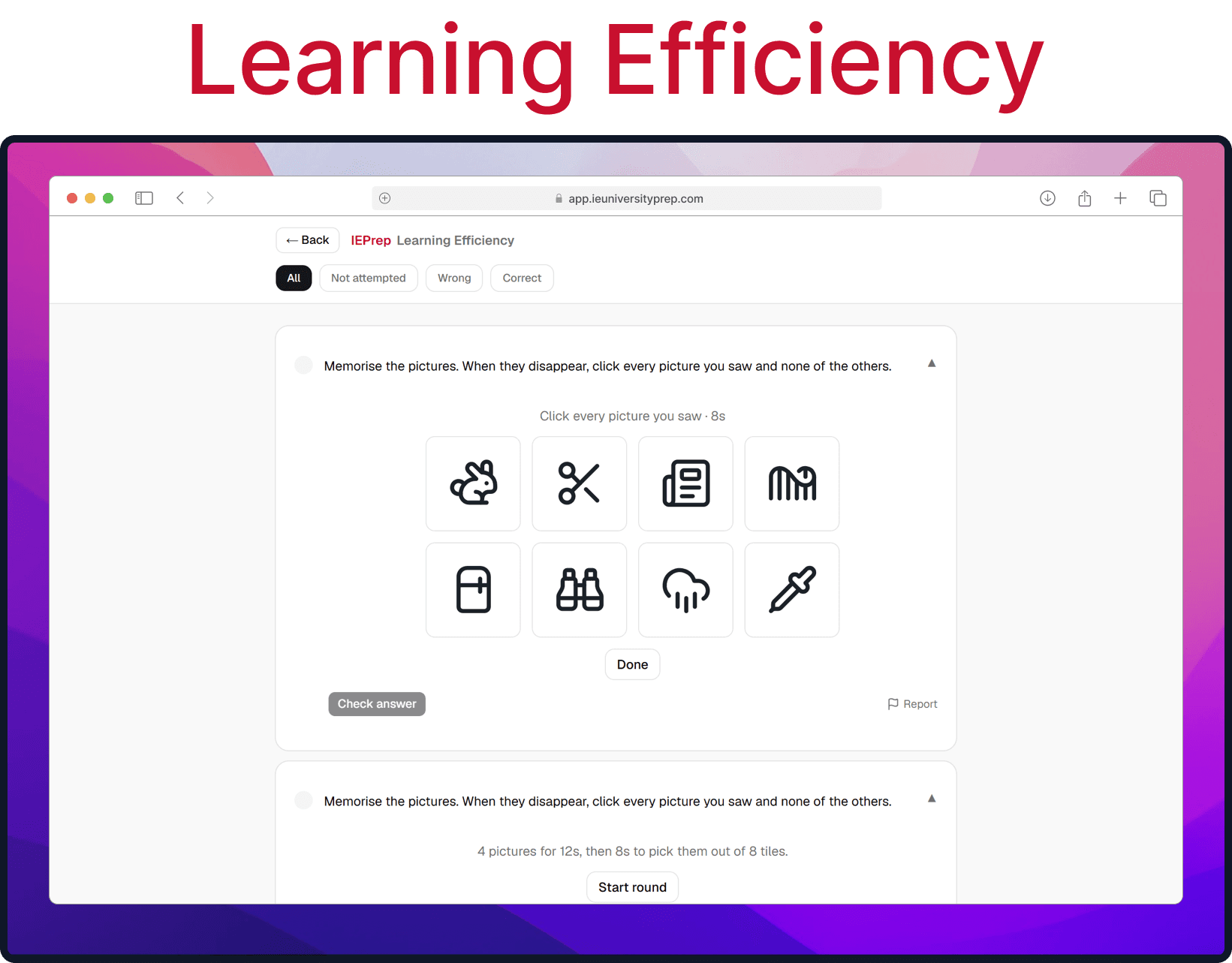 Learning Efficiency practice round: eight picture tiles, click every picture you saw within eight seconds