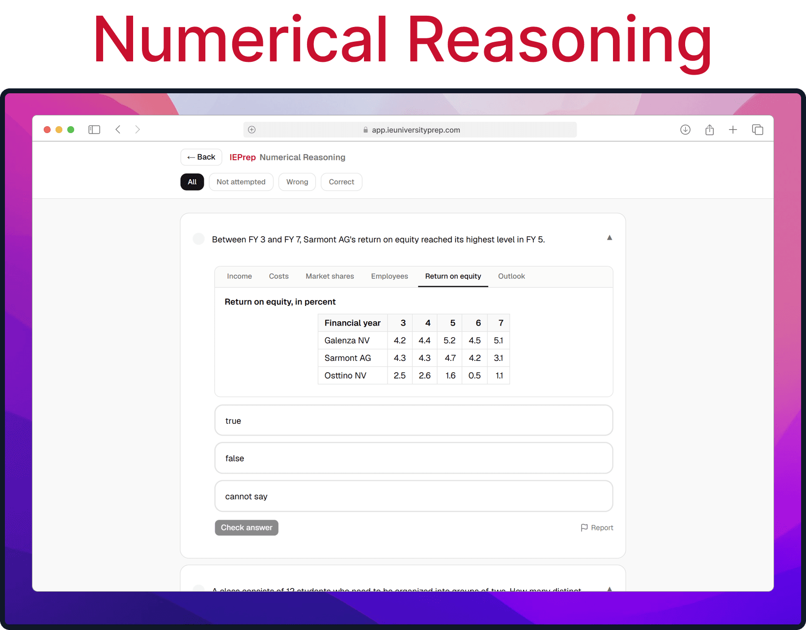 Numerical Reasoning practice question: a statement judged true, false or cannot say from a return-on-equity table