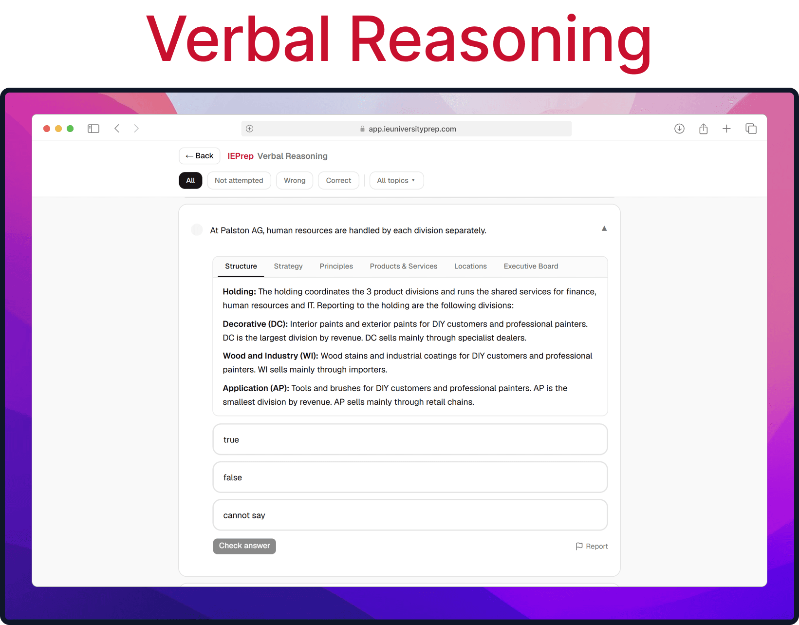 Verbal Reasoning practice question: a statement judged true, false or cannot say from a company's structure sheet